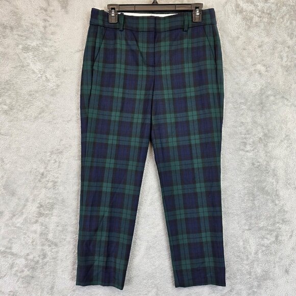 J Crew Cameron Pants Womens 8P Green Navy Plaid Wool Blend Ankle Dress Trousers - Picture 1 of 13